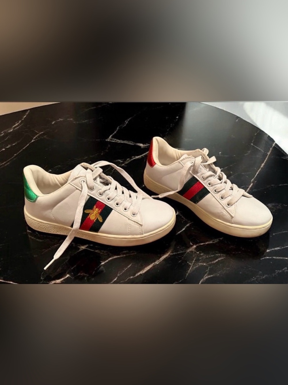White Sneakers with Red & Green Stripe and Bee Embroidery